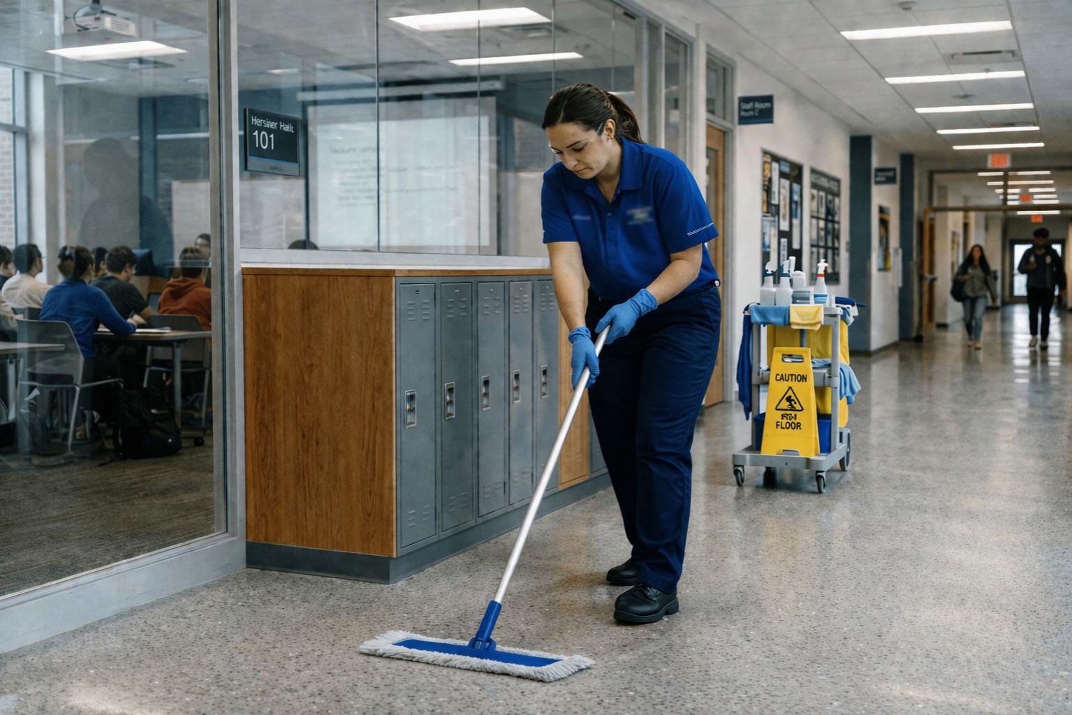 Commercial cleaning staff mopping corridor floor