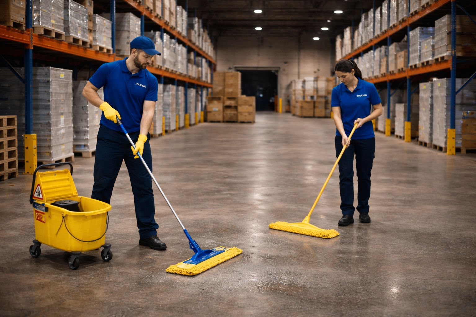 Commercial cleaners performing warehouse floor cleaning
